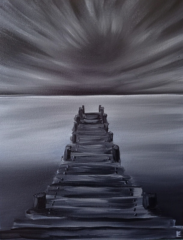 Original Painting Bridge Lake Sky Black White Art Landscape Oil 18 x 14 in