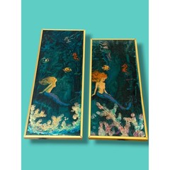 Vintage Set of Mermaid Mixed Media Paintings Framed Pair Coastal Mermaidcore Art