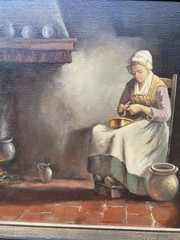 J.U. Bolthuisen Dutch Interior Genre Scene Oil Painting Woman Kitchen Framed