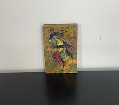 Small Abstract Painting On Wood Panel, Vibrant Multicolor Composition,Signed