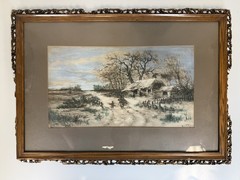 Hugo Fisher Signed Original Watercolor Winter Cottage Snow Landscape Art + Frame