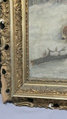 FINE ANTIQUE OIL ON CANVAS – HUNTING DOGS IN WINTER- PERIOD FRAME -READ!
