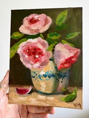 Roses Oil Painting Flowers Still Life Original Floral Impasto Vintage Art 8×6