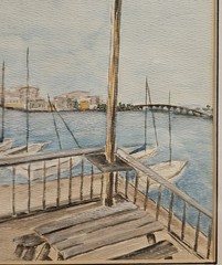 VTG Signed Original Watercolor Coastal Town w/ Boats Flag Framed Beach Patriotic