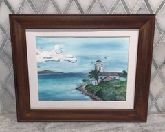 Vintage Lighthouse Ocean Watercolor Signed Framed 14 1/8”H x 17 1/8”W *No Glass