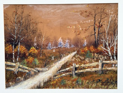 FALL AUTUMN LANDSCAPE PAINTING OLD ANTIQUE ORIGINAL ART GOUACHE SIGNED ILLEGIBLE