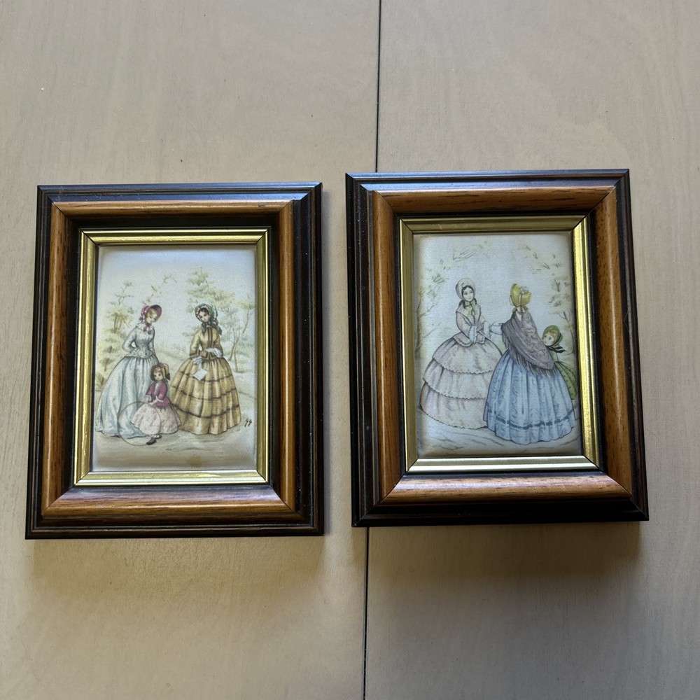 2 Hand Painted Silk C.P Productions Ireland Small Picture & Wood Frame