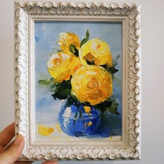 Yellow Roses Painting Original Art Floral Art Impasto Oil Painting 3D Art 6×8″