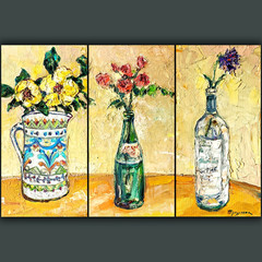 Original Textured Floral Still Life Triptych Oil Painting 3 Canvas panel 16×8″