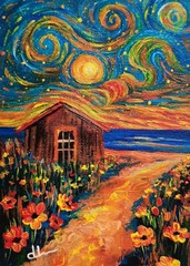 „Starry Beach“ ACEO Original Acrylic Painting Vintage Landscape Art Signed ATC