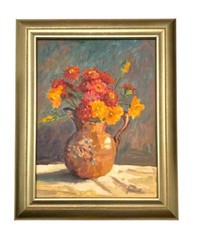 Flowers Painting Zinnias in Vase Oil on Canvas Signed Jeanette Mull 2003