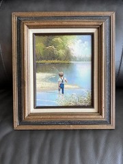 Vintage Original Oil Painting LITTLE BOY FISHING Pond Birds C. Manuel Framed