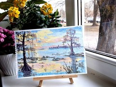 Original Oil Painting Sunset Louisiana Swamp Landscape Cypreses Artwork 8x11in