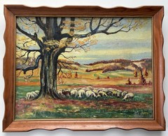 Vintage 1937 Sheep Pasture Field Under Tree Original Oil Painting Signed Walther