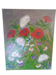 Painting Red Poppy Field of Flowers Dragonfly 16 x 20 Canvas Daisies Original