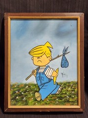 Vintage Dennis The Menace Hobo Character Oil On Canvas Painting Framed 1977
