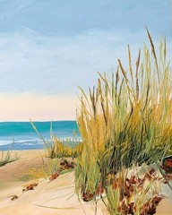 8×10 Original Oil Painting Seascape Sand Dunes & Grass Coastal Art Summer Signed
