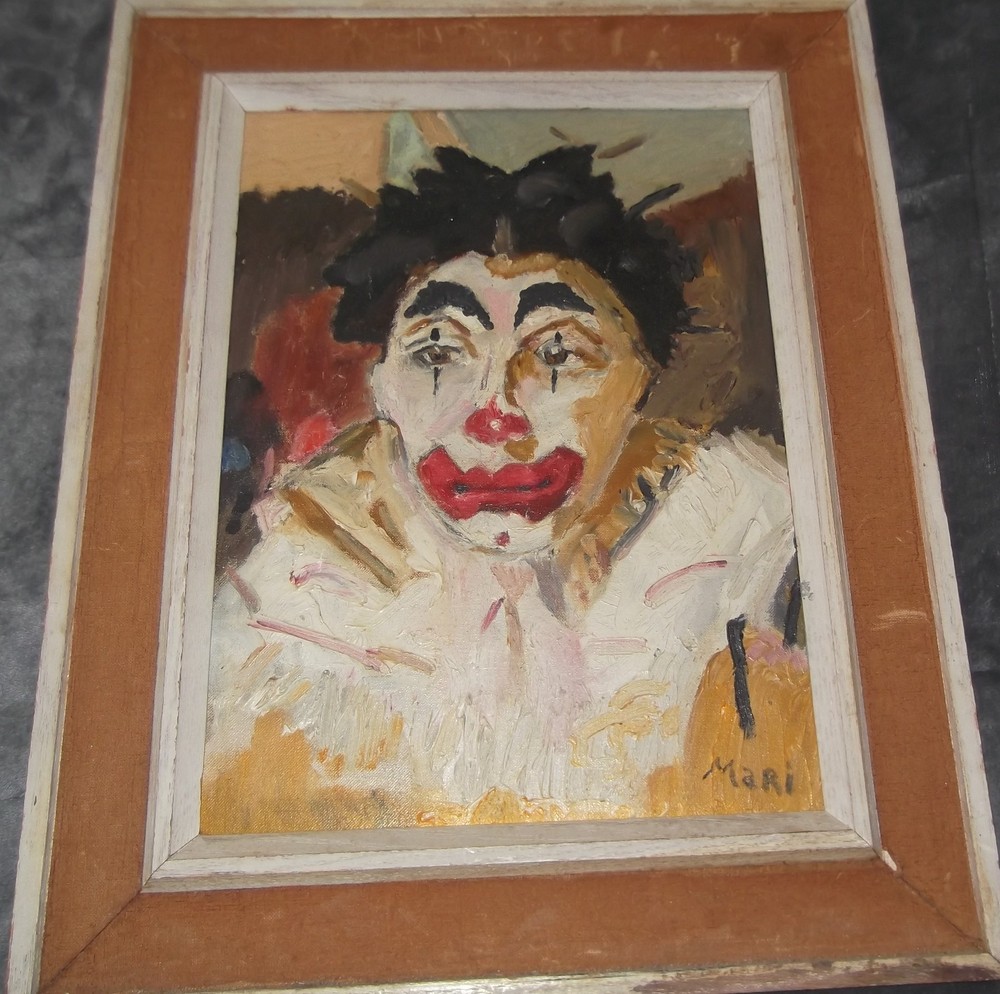 VINTAGE MID CENTURY MODERN SAD CLOWN PORTRAIT OIL PAINTING OLD CIRCUS ART