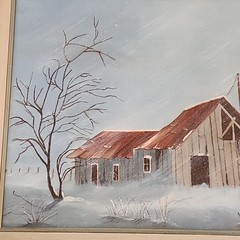 Winter Scene Country Barn Tree Snow Framed Painting 25×21 in Signed Jenny May