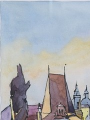 Original Signed Watercolor Prague Charles Bridge Cityscape – Praha, 1996