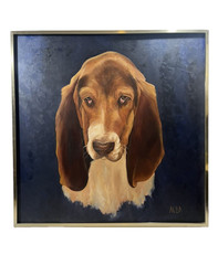 SIGNED VINTAGE BASSET HOUND DOG PORTRAIT VINTAGE MID CENTURY OIL PAINTING