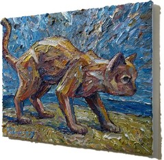 Cat MODERN ORIGINAL OIL█PAINTING█VINTAGE ART█SIGNED KITTEN NATURE ANIMAL PETS NR
