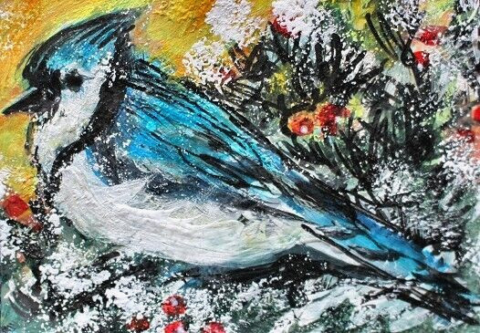 ORIGINAL ACEO PAINTING Eastern BLUE JAY Winter Blue BIRD Snow Animal Nature ART
