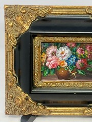 Vintage Mini Floral Still Life Painting Ornate Black Gold Frame 8×7