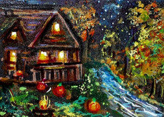 ACEO Original Painting Fall CABIN Star Fire Pumpkin Night Lake Landscape ATC ART