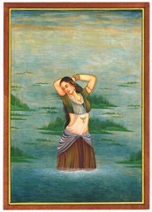 Indian Village Belle Painting Of Ladies Bathing In River On Paper 8×11.5 Inches
