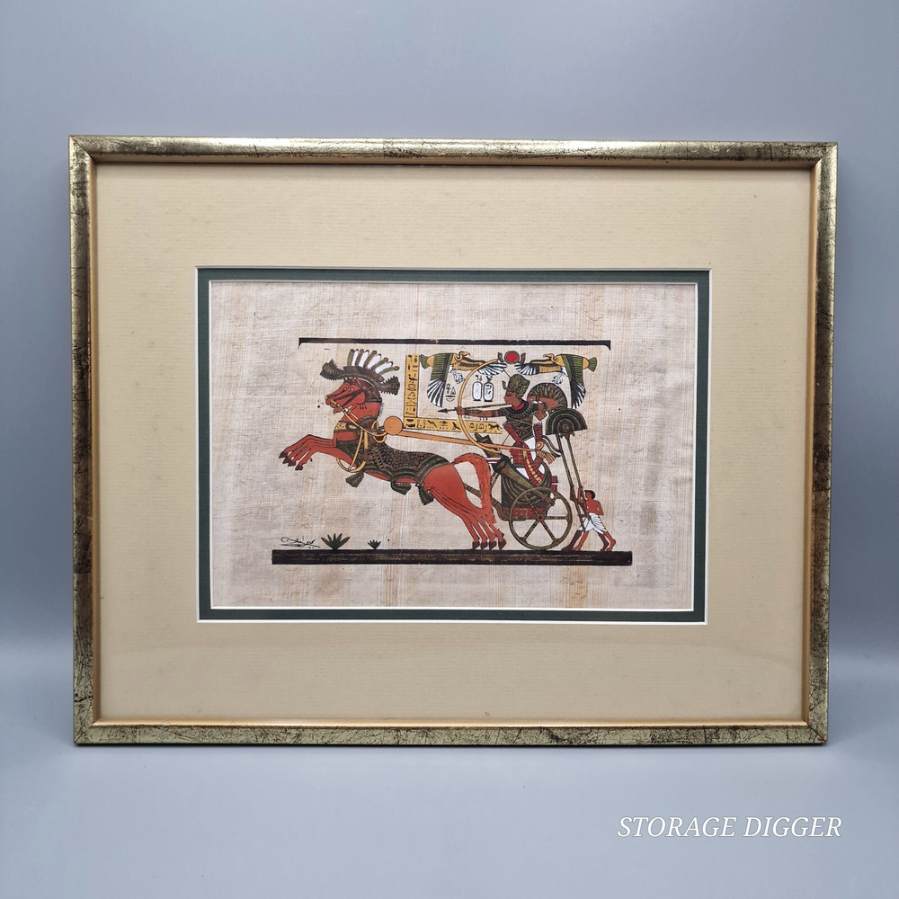 VTG Egyptian Art Painting Pharaon King Tut, Papyrus Paper, Framed 14.5″ x 11.5″