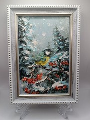 Winter Tit Original oil painting Impasto Signature Size 6*4 Winter landscape