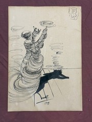 SALVADOR DALI drawing and painting on old paper signed stamped vintage