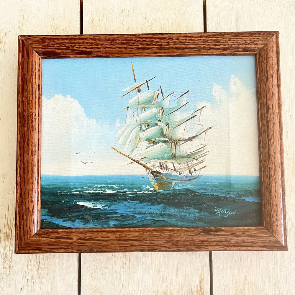 Vintage 8×10 Oil PAINTING Signed Seascape Nautical Sailboat Clipper Ship Ocean