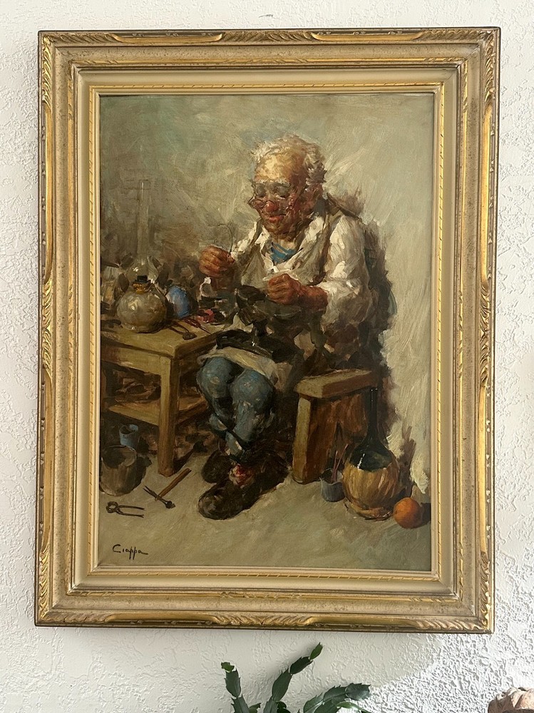 Vintage Italian Genre Oil Painting of a Cobbler Carl Ciappa