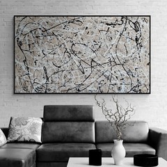 Neutral Abstract Painting Beige Black White Canvas Modern Wall Art XXL