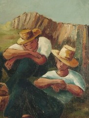 Vintage French Oil Painting, Canvas, „Repose Aux Champs“ by Christiane Nardy1945