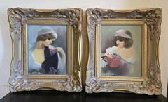 Signed L. Williams Art Deco Oil Paintings Set of 2 Ornate Gold Frames 15″ x 13″