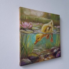 Diving Duckling Original Oil Painting Duck Pond Wildlife Animal Nature Art Gift