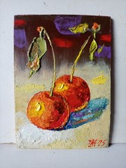 Cherries Impasto Painting Original Art Impression Oil Painting 4.9 x 3.5 in