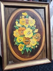 Vtg Oil Painting On Canvas PANSIES Gold Flower Oval 1987 Signed Wood Framed12x16