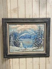 Beautiful Vtg Framed Canvas Oil Painting Blue Snow Mountains Landscape 26.5 X 23