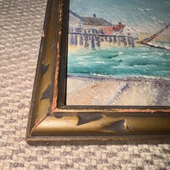 Antique Oil on Board Painting – New England Maritime Shore Fisherman on Dock