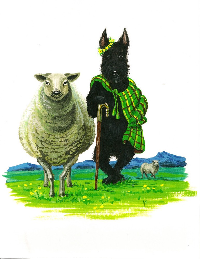8×10 PRINT OF PAINTING RYTA SCOTTISH TERRIER SHEEP Landscape Scotland Folk Art