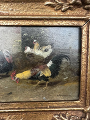 Oil Painting Turkey and Chickens Signed Max Haenger Animal Painter Painting on Wood