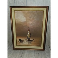 Vtg Zablan Filipino Fishing Boats Sunset Framed Oil Painting Canvas Mid Century