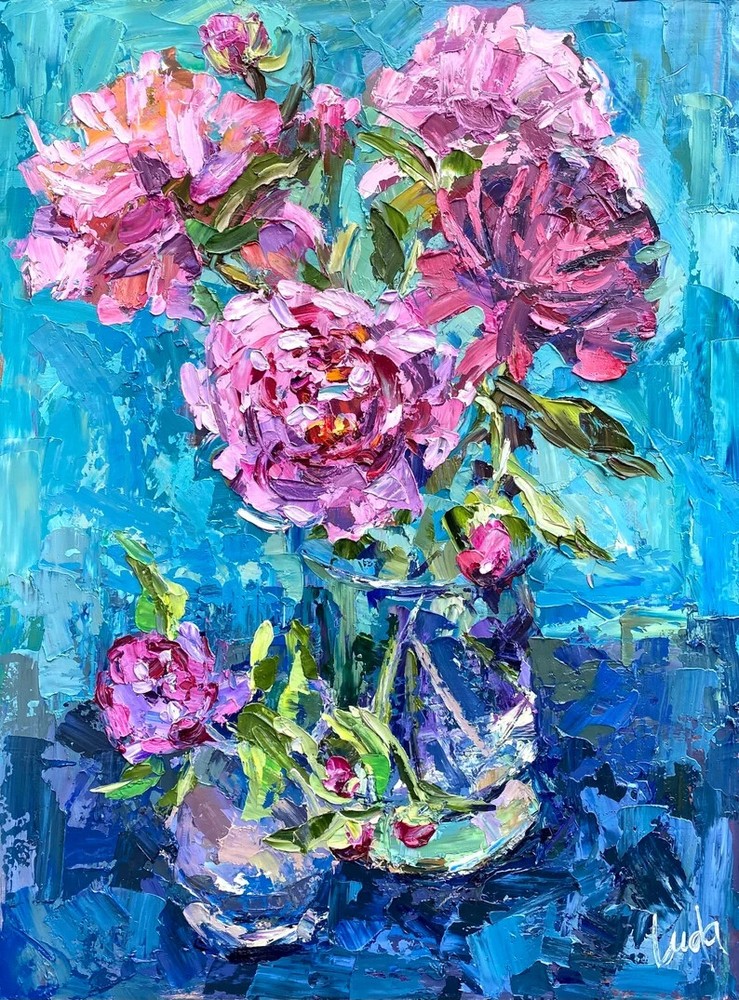 Impasto Painting Pink Peony Flowers Peonies Oil Painting on Hardboard 24×18 inch