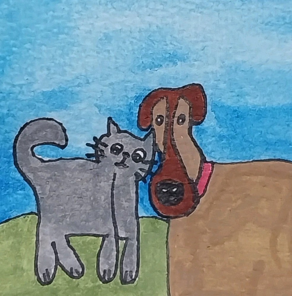 Dog Cat Whimsical Original Watercolor Miniature Home Decor Painting 3 Inch Art