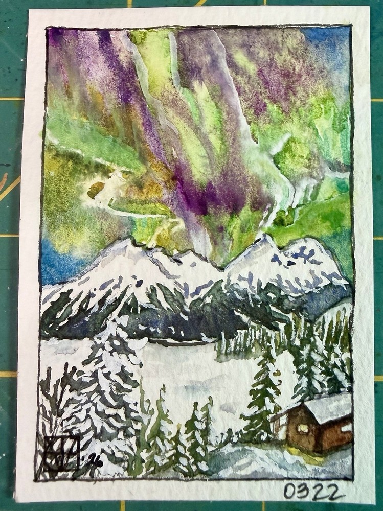 ACEO Painting by M. Hackney Aurora Mountain Cabin Watercolor, Signed 2.5×3.5
