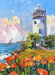 Seascape Original Oil Painting Lighthose on Panel 8x6in Seaside Impasto Art